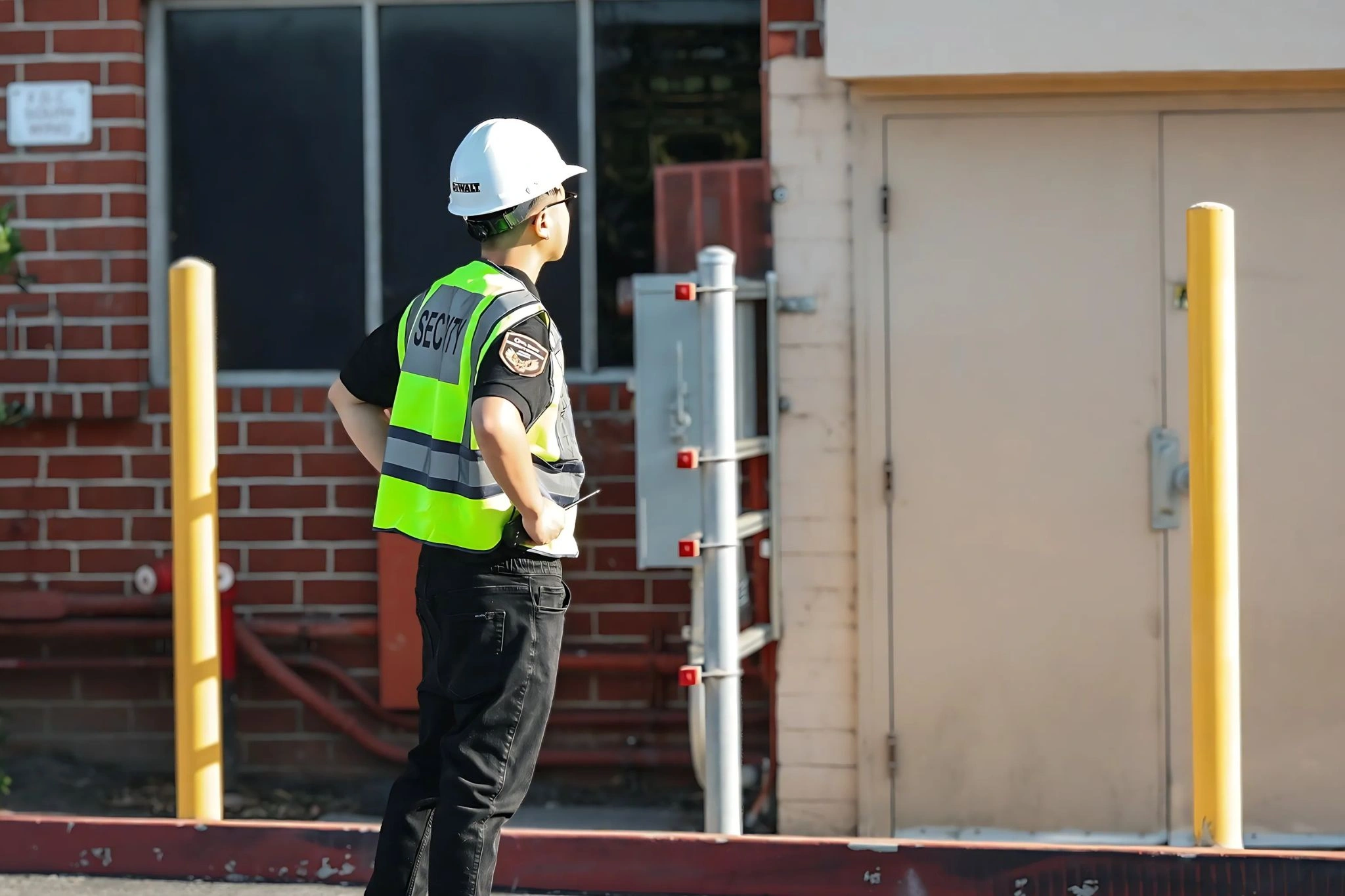 fumigation security guard wearing reflective vest and helmet holding a radio