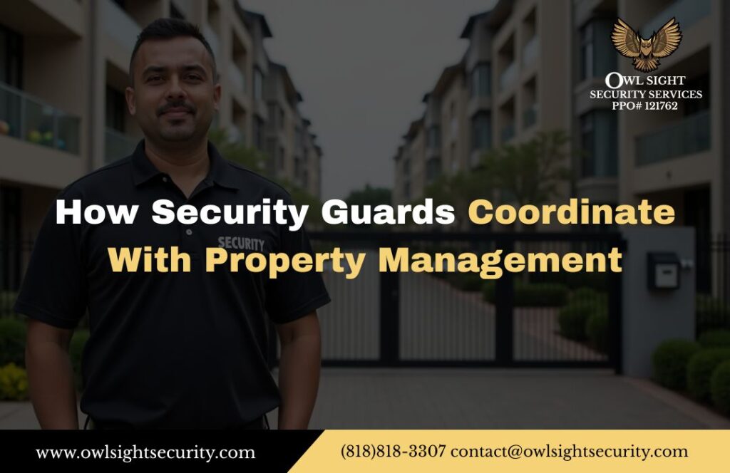 security guard standing in front of apartment complexes for coordination