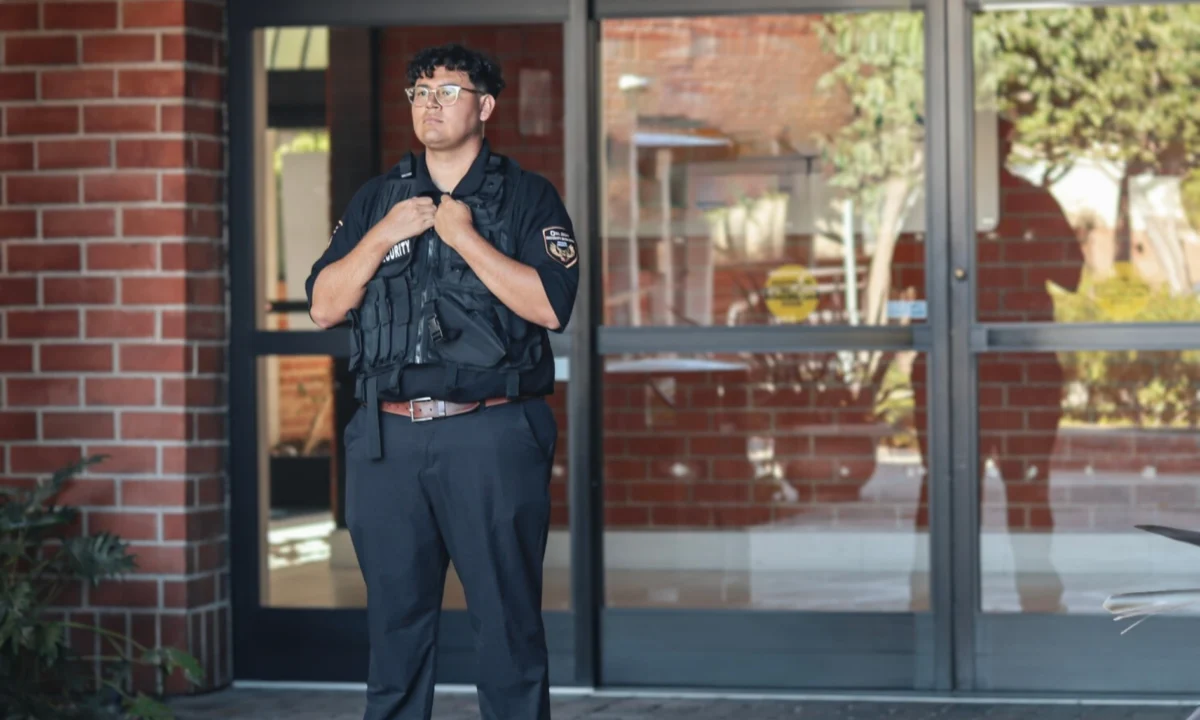 office building security guard standing outside a commercial property